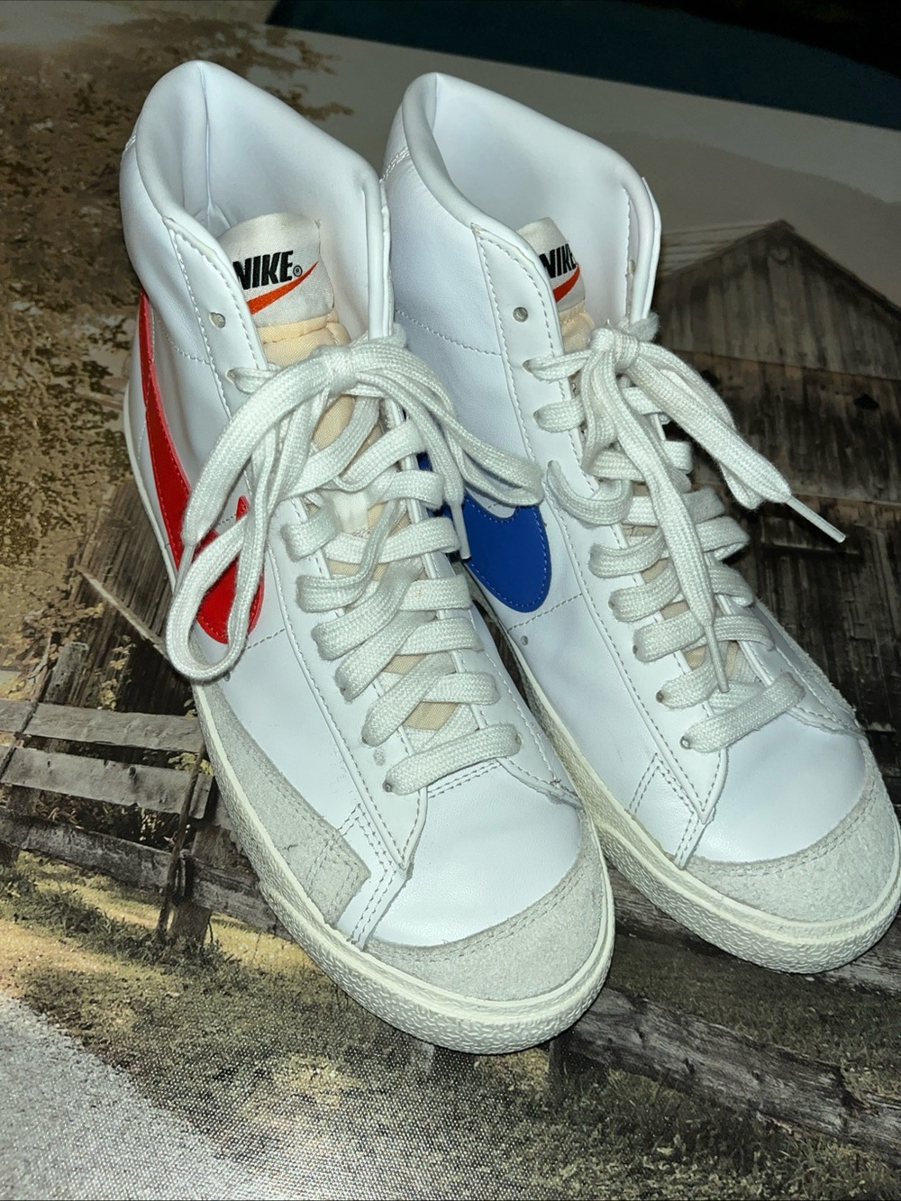 Nike White High-Top Sneakers with Red & Blue Swoosh